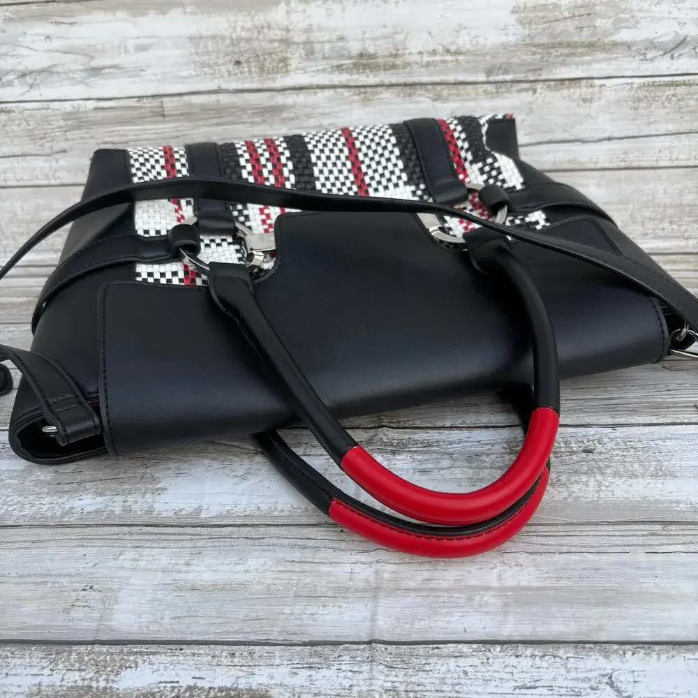 Fiorelli Barbican Flapover Tote Purse Black Faux Leather Plaid Preppy‎ Classic